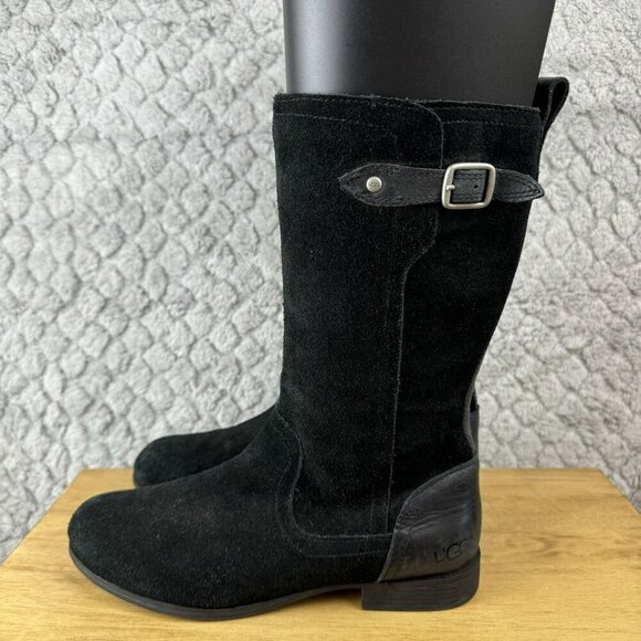 UGG Morgan Mid-Calf Womens Black Leather Suede Zip-Up Boots Size 6 - Picture 3 of 8